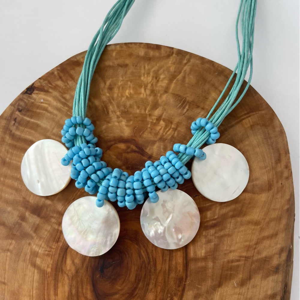 Handcrafted Coastal Capiz shell and turquoise color beads statement necklace